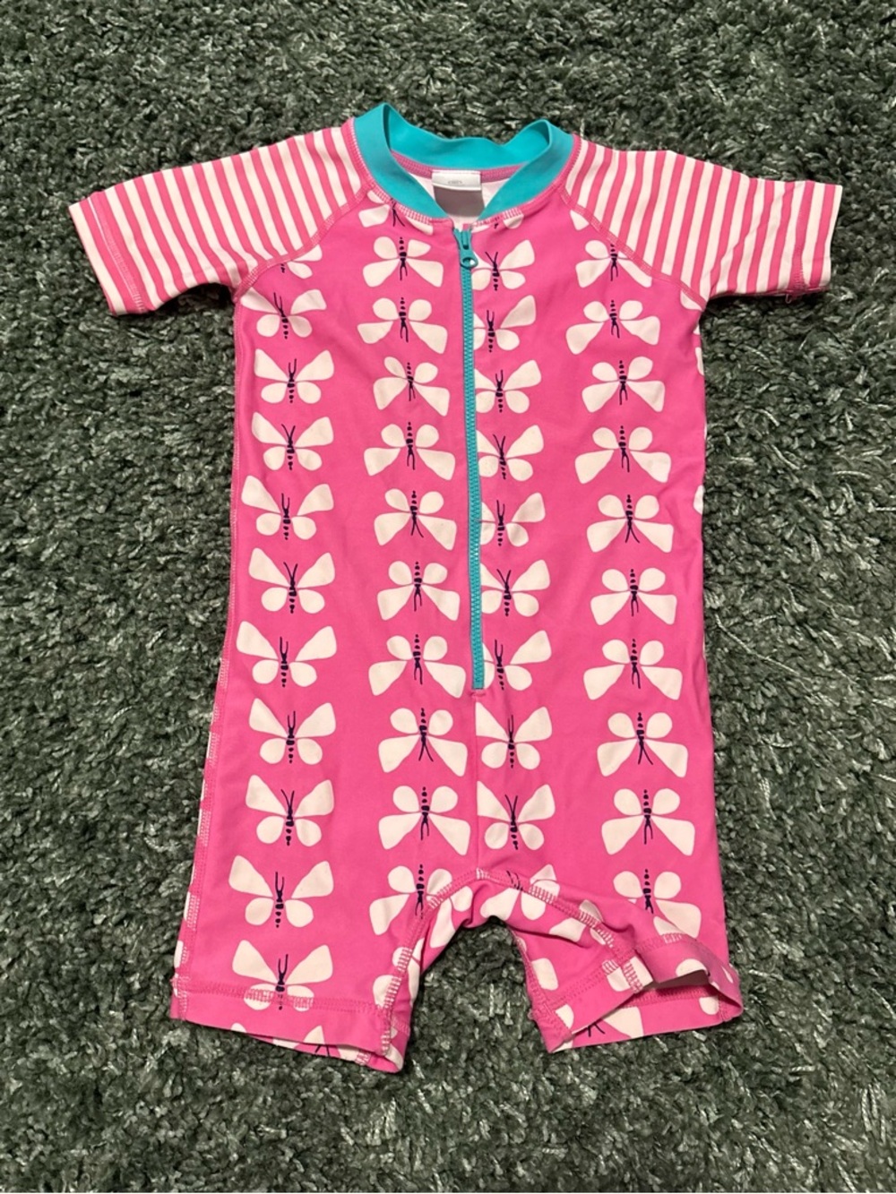 Hanna Andersson Pink Butterfly One-Piece Swimsuit with Teal Trim size 80 18-24